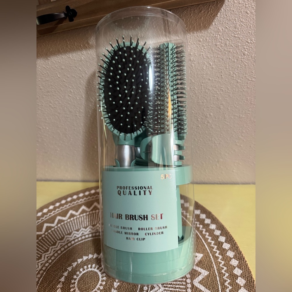 🆕 5 PC Mint Green Beauty Set - 2 Hair Brushes, Mirror, Hair-clip & Organizer